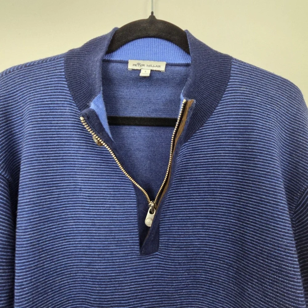 Peter Millar Sweater Mens L Blue Striped‎ Merino Wool Henley Pullover RN100308